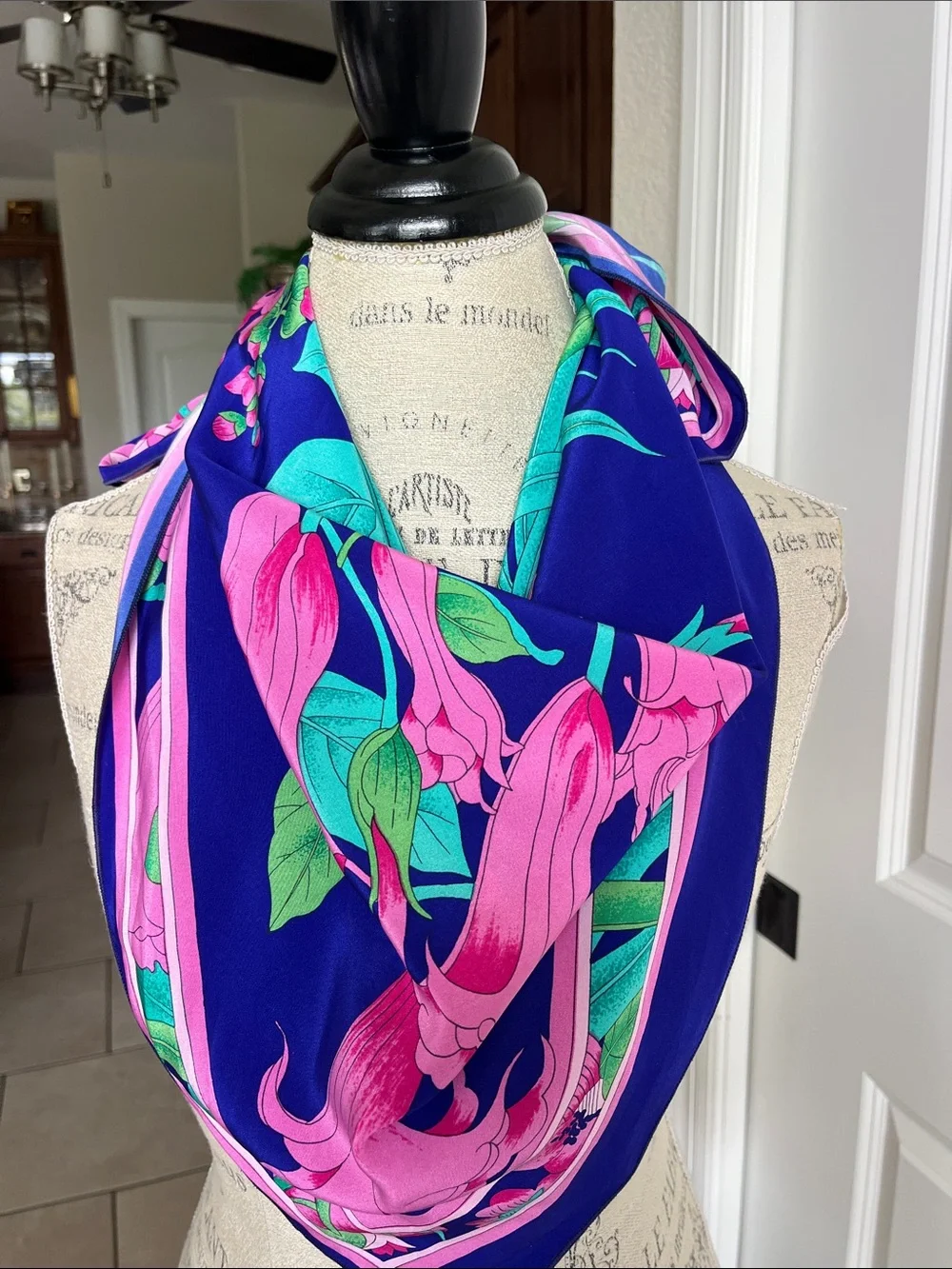 EUC beautiful vibrant, blue, and bold pink floral large scarf. 32